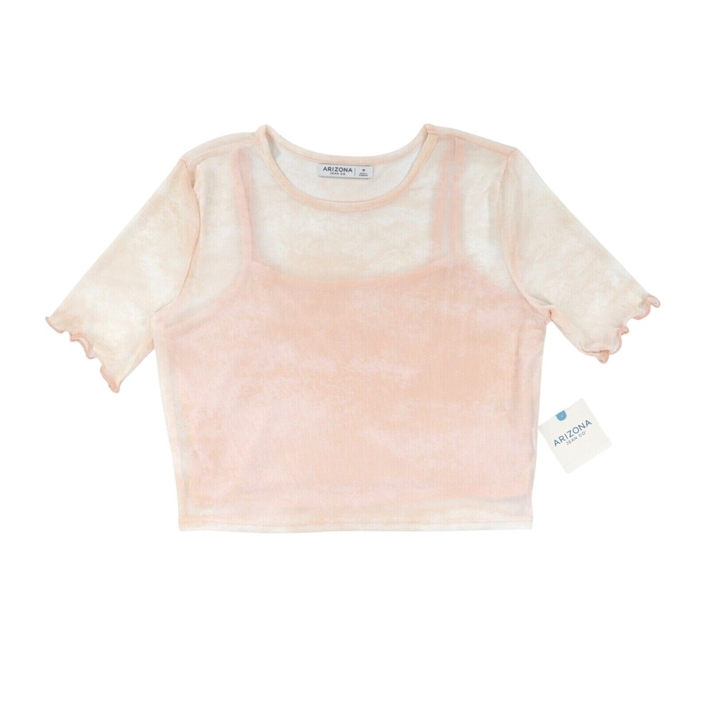 Arizona Women's Short Sleeve Mesh Tank Under Cropped Top Light‎ Rose Size M